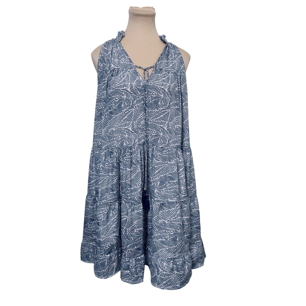 Paani Womens Sleeveless Tiered Mini Dress L Blue White Palm Leaf Boho Coastal